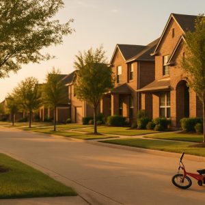 A quiet North Texas residential street at golden hour with family homes and a child's bicycle on the pavement.