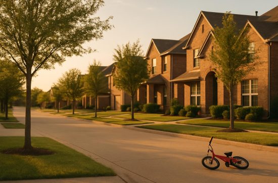 A quiet North Texas residential street at golden hour with family homes and a child's bicycle on the pavement.