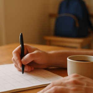 A parent at a kitchen table with a pen over a paper calendar and a cup of coffee, planning during the sixty day waiting period.