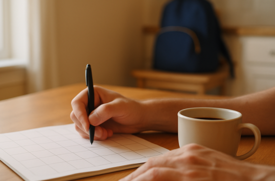 A parent at a kitchen table with a pen over a paper calendar and a cup of coffee, planning during the sixty day waiting period.