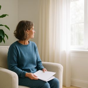 A woman sits in an armchair by a bright window holding blank papers, looking out toward the light.
