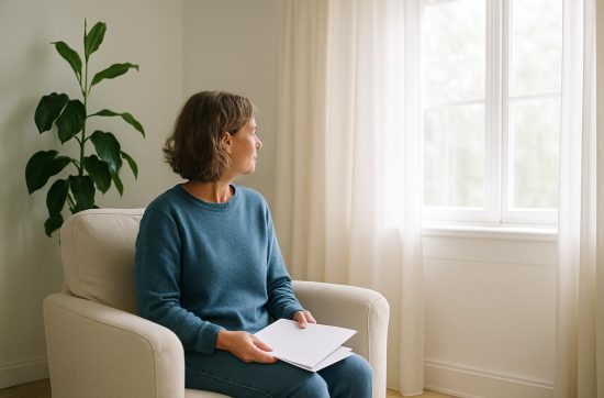 A woman sits in an armchair by a bright window holding blank papers, looking out toward the light.