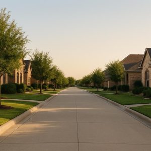 A quiet tree-lined residential street of brick homes in North Texas at golden hour.