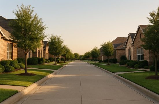 A quiet tree-lined residential street of brick homes in North Texas at golden hour.
