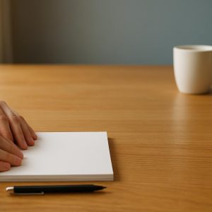 Hands resting on a blank pad of paper beside a pen and a coffee cup on a wooden desk.