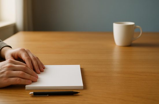 Hands resting on a blank pad of paper beside a pen and a coffee cup on a wooden desk.