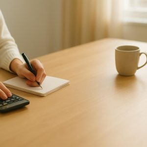 A person writing on a notepad beside a calculator at a light wood table, with a coffee mug and small plant in soft window light.