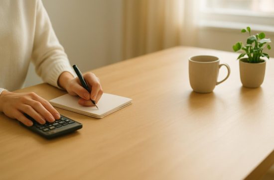A person writing on a notepad beside a calculator at a light wood table, with a coffee mug and small plant in soft window light.