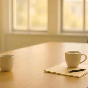 Two white coffee cups on opposite sides of a wooden meeting table, with a folder and pen beside one, in warm morning window light.