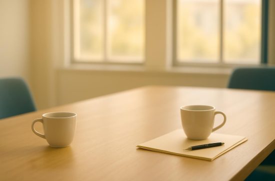 Two white coffee cups on opposite sides of a wooden meeting table, with a folder and pen beside one, in warm morning window light.