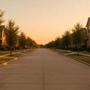 A quiet suburban street of brick homes in North Texas at golden hour, with young trees and sidewalks along both sides.
