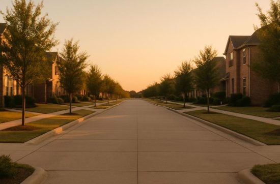 A quiet suburban street of brick homes in North Texas at golden hour, with young trees and sidewalks along both sides.