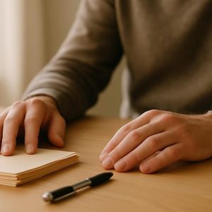 A person's hands resting on a stack of plain folders beside a pen and a ceramic mug on a light wooden desk in soft window light.