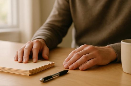 A person's hands resting on a stack of plain folders beside a pen and a ceramic mug on a light wooden desk in soft window light.