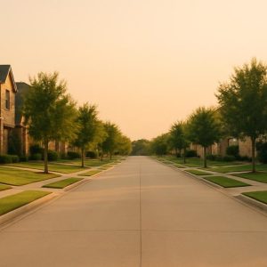 A quiet residential street of brick family homes in a North Texas neighborhood, lit by late afternoon sun.