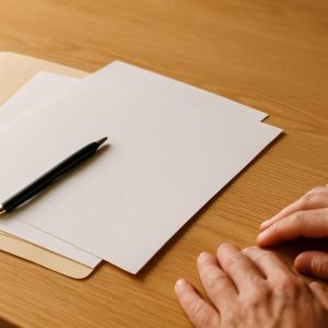 Blank sheets of paper, a manila folder and a pen on a wooden desk, with a person's hands resting beside them.